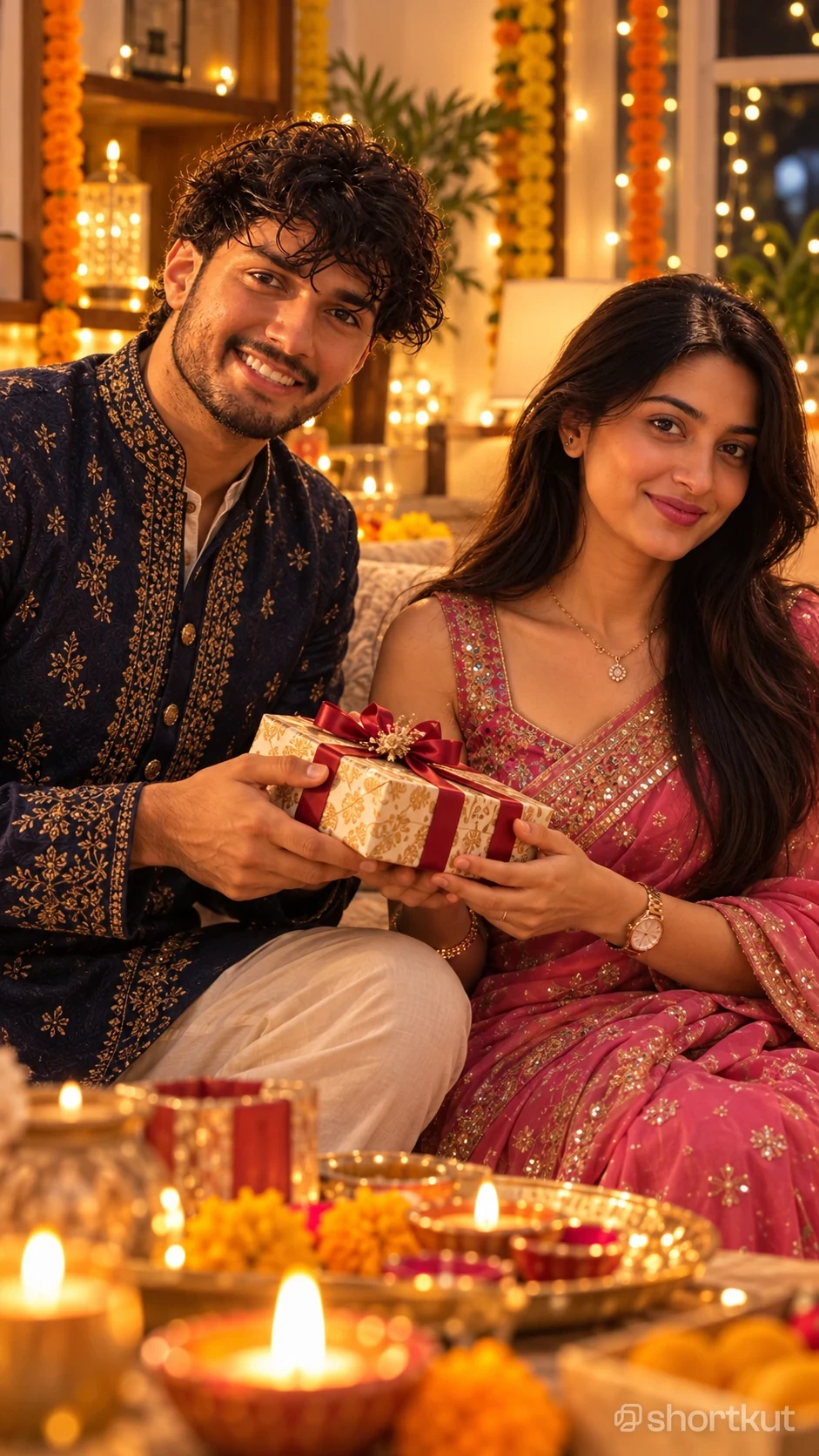 Diwali Gift Couple AI Photo Prompt in Sherwani and Saree