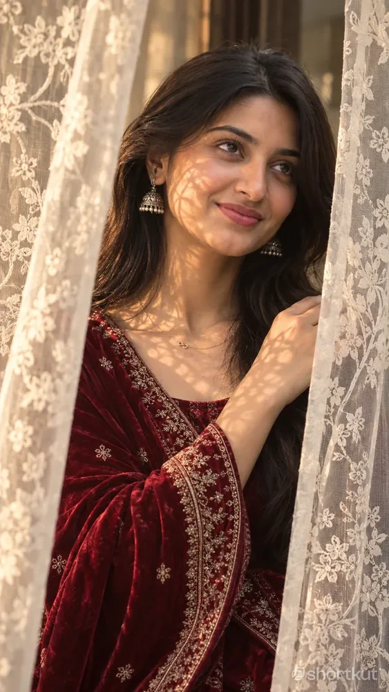 Stylish Red Velvet Dress and Sun Kiss Portrait AI Image Prompt