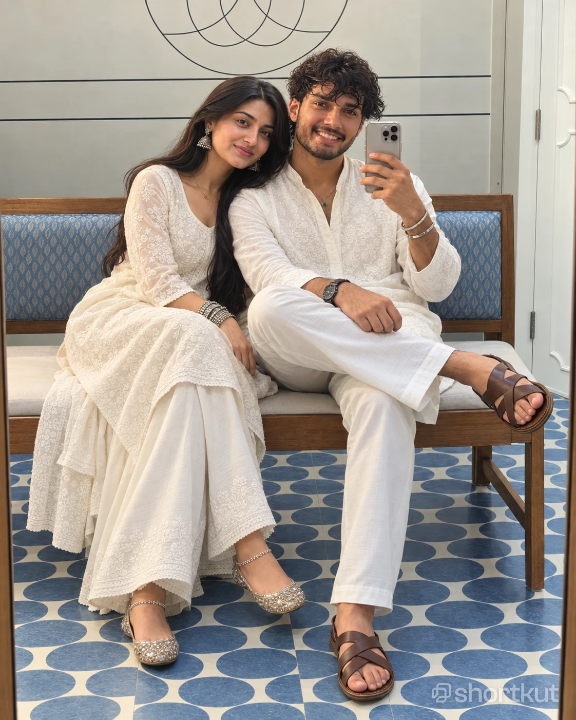 White Kurta Couple Mirror Selfie AI Photo Prompt