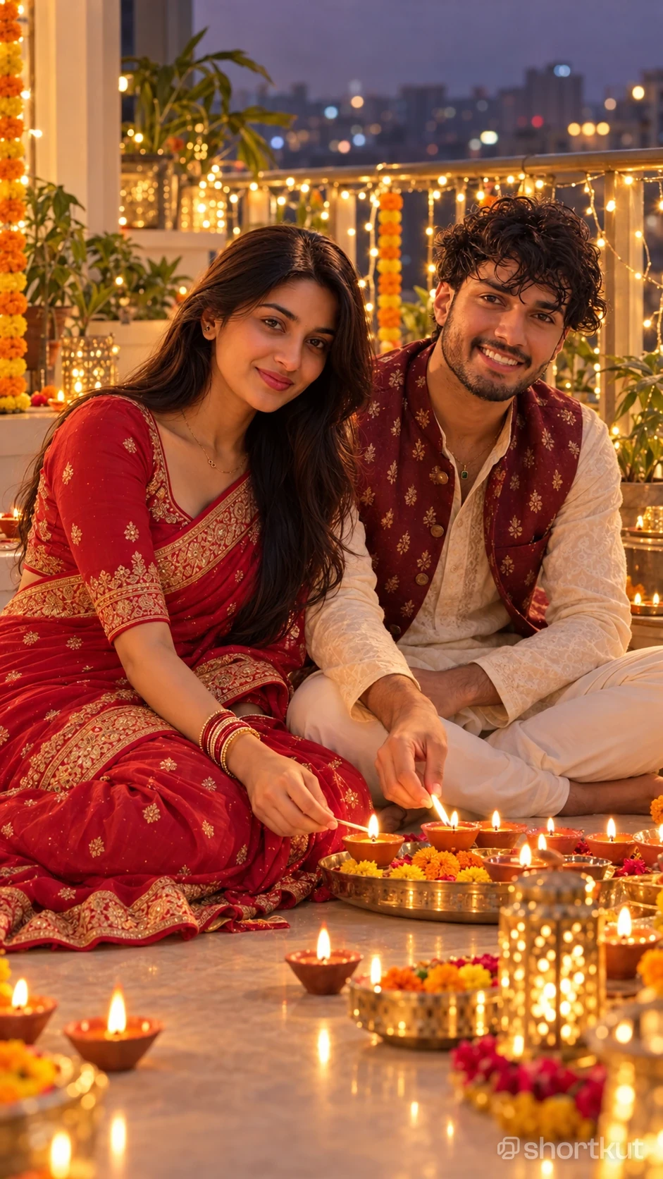 Red Saree Couple Diwali Balcony Diya AI Photo Prompt